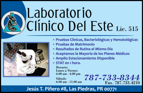                                                                                             • Se aceptan la mayoría de los planes médicos
• Pruebas STAT en una hora
• Análisis clínico, los resultados de rutina, lo tenemos disponibles el mismo día
                                                                                    