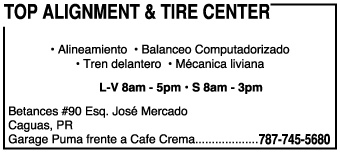                                                                                             Además de alineamiento, también hacemos:
•  Alineamiento y Balanceo
•  Mecánica Liviana
•  Evaluación de Autos
• Frenos
• Reparación de gomas
• Tren delantero
• Rotación
• Balanceo electrónico
• Cambio de aceite y filtro
• Tune-up
• Mecánica liviana
• Venta de gomas y baterías.
• Recuerde: ¡Si necesita reparación de gomas, estamos a su orden!
• ¡Servicio rápido y profesional!
                                                                                    