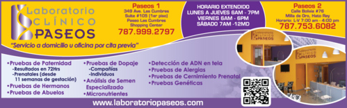 • Servicios Especializados
•Análisis de Semen
• La mayoría de los laboratorios procesan las muestras de semen manualmente. En nuestras facilidades contamos con la Lcda. Lina García certificada por el “Center for Reproductive Medicine” del Cleveland Clinic en Ohio. La Lcda. analiza las muestras y ofrece resultados exactos y precisos combinando la técnica manual con los adelantos tecnológicos de nuestro equipo especializado SQA-V.
• Reportamos diferentes parámetros como los espermatozoides funcionales y su velocidad los cuales no se pueden reportar por métodos manuales. Además, preparamos las muestras de semen para procesos de inseminación.
• Pruebas de ADN
• Ofrecemos todo tipo de pruebas de ADN, Paternidad, Hermanos y Abuelos.
• Procesamos también, perfiles genéticos y detección de ADN en textiles.
• Las pruebas de paternidad pueden ser privativas o legales las cuales son admisibles en corte. Los resultados estarán listos en 72 horas luego de que se comience a procesar la muestra.
• Pruebas de Plomo
• La ley Num. 39 del 30 de marzo de 2011 establece que los niños entre las edades de 6 meses a 6 años de edad presenten el resultado de su prueba de plomo al comenzar el año escolar. Es por eso que en nuestras facilidades, contamos con el equipo necesario para procesar dicha prueba y ofrecer los resultados en 24 horas o menos sin necesidad de enviarlas a un laboratorio de referencia.
• Pruebas de H. Pylori en aliento
• Pruebas de antiaging
• Pruebas prenatales
• Prueba Harmony
• Es un nuevo tipo de prueba que analiza el ADN en la sangre para predecir el riesgo de varias afecciones genéticas como el Síndrome de Down, Síndrome de Edwars (trisomía 18) y Síndrome de Patau (trisomía 13). Detecta el 99% de los casos de la Trisomía 21 o Síndrome de Down y su tasa de falsos positivos es menor del 0.1%. Esta prueba puede realizarse entre las 10 y 40 semanas de gestación.
• Además ofrecemos otros tipos de pruebas que se utilizan para detectar las afecciones genéticas como el:
Serum Integrated
Afp4
Afp Plus
MAfp
• Pruebas de Micronutrientes
• Las deficiencias de vitaminas, minerales y antioxidantes han demostrado suprimir la función del sistema inmune, que puede contribuir a los procesos degenerativos como la artritis, cáncer, enfermedades cardiovasculares y diabetes. La Prueba de Micronutrientes mide la función de ciertas vitaminas, minerales, antioxidantes y otros micronutrientes esenciales dentro de los glóbulos blancos. Estos análisis pueden revelar el estado funcional de los nutrientes del organismo durante un periodo más largo que las pruebas convencionales de suero.
• Pruebas genéticas
• Procesamos pruebas genéticas para desordenes hereditarios. Nuestros exámenes incluyen análisis completos de genes usando las secuencias del DNA. Estas pruebas genéticas se utilizan para detectar diferentes predisposiciones hereditarias como condiciones cardiacas, metabólicas, inmunológicas, de cáncer, endocrinológicas, entre otras.