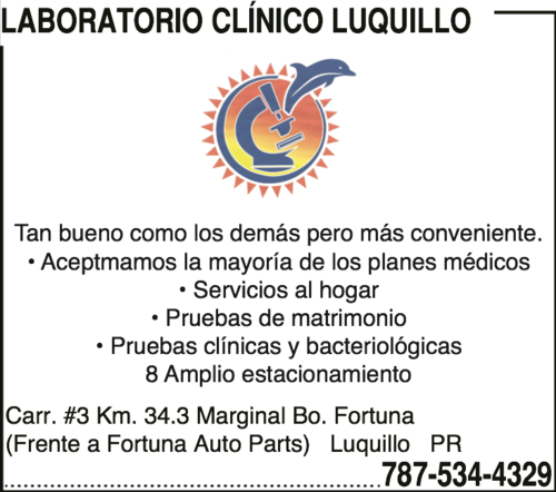 Exámenes de rutina y especializados en las siguientes áreas:
• Análisis clínicos y bacteriológicos
• Serología
• Urinálisis
• Hematología
• Parasitología
• Endocrinología
• Coagulación
• Pruebas para certificados médicos: sangre, orina y tuberculosis
• Pruebas de embarazo
• Pruebas de drogas
• Prueba de Influenza A y B
• Química Clínica
• Inmunohematología
• Exámenes de rutina y especializados
• Contamos con un programa de referencia para los laboratorios que por su complejidad no pueden realizar algunos exámenes.
• Atención centrada a las necesidades de los pacientes, ofreciendo un tiempo de respuesta rápido en los resultados de los exámenes. Recolección diaria de muestras por un mensajero. Remisión de exámenes de alta complejidad para ser realizados por otro laboratorio en el área metro.
• Ofrecemos servicios al Hogar a envejecientes y personas con impedimentos.
