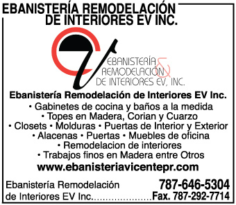 • Gabinetes de Cocina y Baños a la medida
• Escritorios y Counters
• Fabricación Topes de Superficie Sólida
• Clóset
• Molduras
• Paredes y Faccia en Gypsum Board
• Alacenas
• Puertas
• Remodelación de Interiores
• Gabinetes en PVC