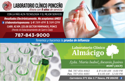                                                                                             • Prueba de influenza
• CBC
• Pruebas de embarazo
• Pruebas WIC
• Pruebas de dopaje
• Pruebas de tiroide
• Pruebas de lípido (colesterol y triglicéridos)
• Pruebas para matrimonio
• Pruebas de hemoglobina
• Servicio al hogar
• Resultados en 24 horas (pruebas de rutina)
• Resultados Electronicamente
                                                                                    