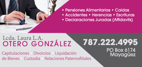                                                                                             • Capitulaciones
• Redacción de Contratos
• Capitulaciones Matrimoniales
• Compraventa
• Donaciones
• Casos Civiles
• Notaría
• Familia
• Sucesiones
• Declaratoria de Herederos
• Acta de Hogar Seguro
• Vistas Administrativas
• Tutela Judicial
• Declaraciones Juradas
• Pensiones Alimentarias
• Poderes

**Hablamos Inglés
                                                                                    