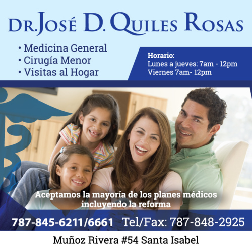                                                                                             • Medicina General
• Cirugía Menor
• Visitas al hogar
• Certificados de Salud
• Certificados de Matrimonio
• Certificado de Estudiante
• Certificado de Trabajo
                                                                                    