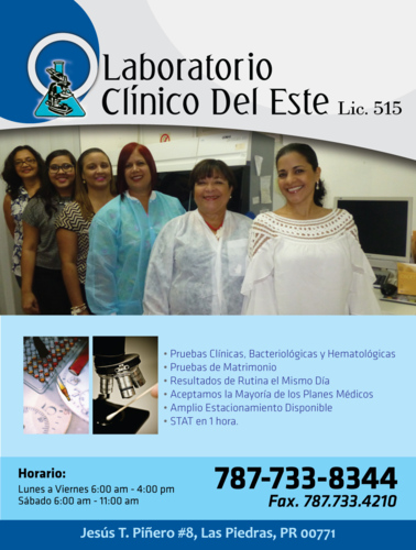                                                                                             • Se aceptan la mayoría de los planes médicos
• Pruebas STAT en una hora
• Análisis clínico, los resultados de rutina, lo tenemos disponibles el mismo día
                                                                                    