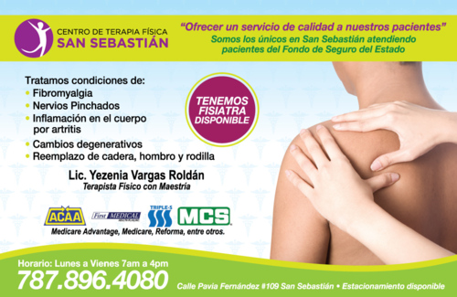 Se trata dolor y espasmos musculares en cuello y espalda, fracturas, artritis, bursitis, discos herniados, reemplazo de rodilla, artroscopia de rodilla y hombro entre otros. Carpal Tunnel Síndrome. También pacientes con Fibromialgia, Cirugia; hombros, codo, cadera, rodilla y tobillo.