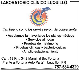 Exámenes de rutina y especializados en las siguientes áreas:
• Análisis clínicos y bacteriológicos
• Serología
• Urinálisis
• Hematología
• Parasitología
• Endocrinología
• Coagulación
• Pruebas para certificados médicos: sangre, orina y tuberculosis
• Pruebas de embarazo
• Pruebas de drogas
• Prueba de Influenza A y B
• Química Clínica
• Inmunohematología
• Exámenes de rutina y especializados
• Contamos con un programa de referencia para los laboratorios que por su complejidad no pueden realizar algunos exámenes.
• Atención centrada a las necesidades de los pacientes, ofreciendo un tiempo de respuesta rápido en los resultados de los exámenes. Recolección diaria de muestras por un mensajero. Remisión de exámenes de alta complejidad para ser realizados por otro laboratorio en el área metro.
• Ofrecemos servicios al Hogar a envejecientes y personas con impedimentos.