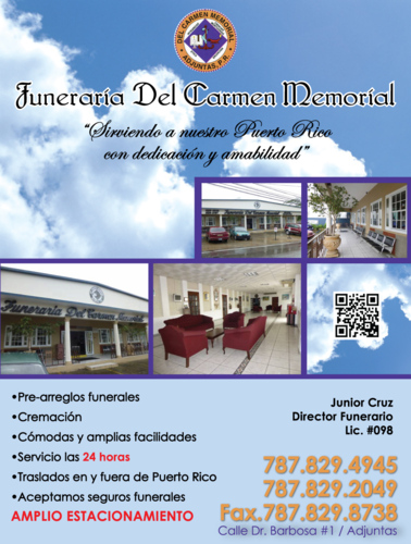 • Pre-arreglos funerales
• Cremación
• Cómodas y amplias facilidades
• Servicio las 24 horas
Entierros Verdes:
• Urnas Geos - 100% biodegradable, destinada para depositar las cenizas en todo tipo de terreno
• Urnas Nu - 100% biodegradable y totalmente saludable , destinada para depositar las cenizas en el mar
• Urnas Samsara - 100% biodegradable y totalmente saludable, destinada para depositar las cenizas en ríos, lagunas o estuarios