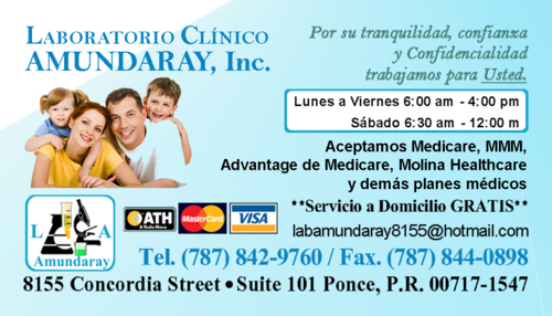                                                                                             Todos nuestros análisis salen en un tiempo razonable, con un resultado preciso y confiable.
• Toma de muestra
• Glycocilada “A1C”
• TSH
• PSA
• T4 Free
• Influenza
• Dopaje
• Pruebas de Rutina
• Pruebas de Química
• Químicas Especiales
• Urinálisis
• Pruebas para Matrimonio
• Prueba de Embarazo
• Pruebas WIC y Head Start
• Servicio al Hogar, Industrias y Centro de Envejecientes
• Certificados de Salud
• Entre otras
                                                                                    