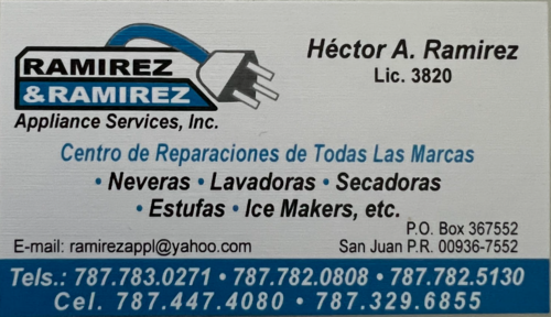                                                                                             • Reparación y mantenimiento de toda clase de enseres, incluyendo digitales:
• Neveras
• lavadoras
• Secadoras (incluyendo de gas)
• Lavaplatos
• Estufas (incluyendo de gas)
• Ice makers
• Acondicionadores de aire y "mini splits"
• Centro autorizado de Samsung y LG
                                                                                    