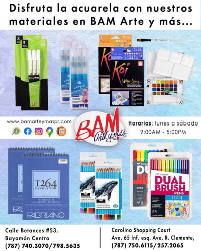• Servicio de "pick-up" disponible y envíos por correo de paquetes limitados por el tamaño
Instrucciones para hacer las órdenes a BAM, Arte y más:
• Órdenes deberán ser enviadas a bamarteymas@aol.com si la orden es para la tienda de Bayamón y si es para la tienda de Carolina: usar arteymas@aol.com. De no ser posible llamar por teléfono a la tienda correspondiente.
• Todo pago se realizará de manera electrónica: Formas de pago, ATH móvil comercial, buscar bajo comercio: BAM Arte y Más
• Tarjetas y ATH dependerán de disponibilidad del dispositivo móvil
• Venta de materiales de arte
• Cotizaciones al gobierno