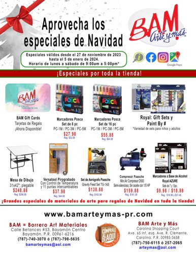 • Servicio de "pick-up" disponible y envíos por correo de paquetes limitados por el tamaño
Instrucciones para hacer las órdenes a BAM, Arte y más:
• Órdenes deberán ser enviadas a bamarteymas@aol.com si la orden es para la tienda de Bayamón y si es para la tienda de Carolina: usar arteymas@aol.com. De no ser posible llamar por teléfono a la tienda correspondiente.
• Todo pago se realizará de manera electrónica: Formas de pago, ATH móvil comercial, buscar bajo comercio: BAM Arte y Más
• Tarjetas y ATH dependerán de disponibilidad del dispositivo móvil
• Venta de materiales de arte
• Cotizaciones al gobierno