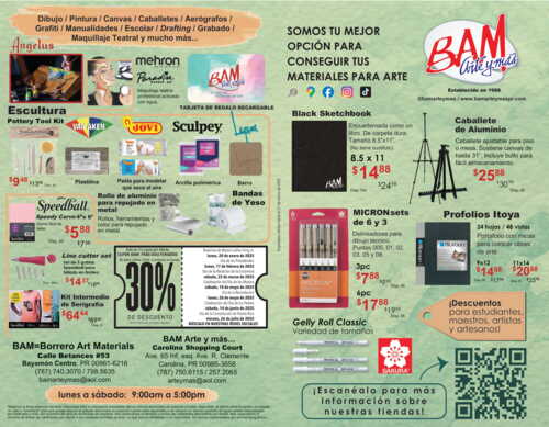 • Servicio de "pick-up" disponible y envíos por correo de paquetes limitados por el tamaño
Instrucciones para hacer las órdenes a BAM, Arte y más:
• Órdenes deberán ser enviadas a bamarteymas@aol.com si la orden es para la tienda de Bayamón y si es para la tienda de Carolina: usar arteymas@aol.com. De no ser posible llamar por teléfono a la tienda correspondiente.
• Todo pago se realizará de manera electrónica: Formas de pago, ATH móvil comercial, buscar bajo comercio: BAM Arte y Más
• Tarjetas y ATH dependerán de disponibilidad del dispositivo móvil
• Venta de materiales de arte
• Cotizaciones al gobierno