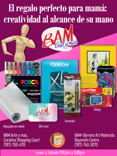 • Servicio de "pick-up" disponible y envíos por correo de paquetes limitados por el tamaño
Instrucciones para hacer las órdenes a BAM, Arte y más:
• Órdenes deberán ser enviadas a bamarteymas@aol.com si la orden es para la tienda de Bayamón y si es para la tienda de Carolina: usar arteymas@aol.com. De no ser posible llamar por teléfono a la tienda correspondiente.
• Todo pago se realizará de manera electrónica: Formas de pago, ATH móvil comercial, buscar bajo comercio: BAM Arte y Más
• Tarjetas y ATH dependerán de disponibilidad del dispositivo móvil
• Venta de materiales de arte
• Cotizaciones al gobierno