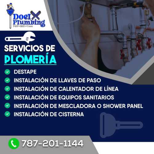                                                                                            • Plomería residencial, comercial e industrial
• Servicios para emergencia 24/7
• Destapes
• Inspección con cámara para tuberías sanitarias
• Instalación de llaves de paso
• Instalación de calentadores de línea
• Instalación de equipos sanitarios
• Instalación de mezcladoras y shower panel
• Instalación y mantenimiento de cisternas
• Reparación y mantenimiento de tuberías
                                                                                    