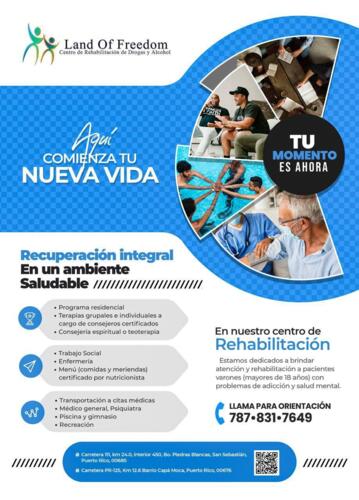                                                                                             Hogar Land of Freedom
• Programa residencial
• Terapias grupales e individuales a cargo de consejeros certificados
• Consejería espiritual o teo-terapia
• Trabajo social
• Transportación a citas médicas
• Médico general
• Psiquiatra
                                                                                    