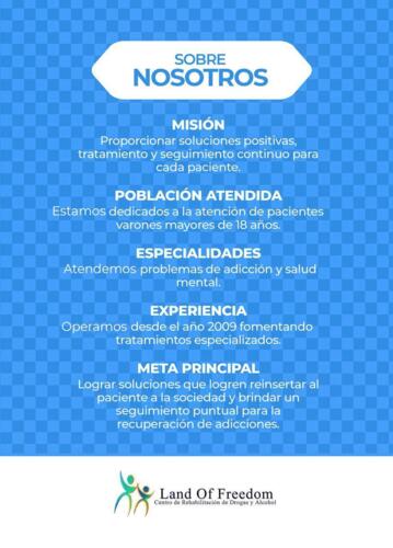                                                                                             • Programa residencial
• Terapias grupales e individuales a cargo de consejeros certificados
• Consejería espiritual o teo-terapia
• Trabajo social
• Enfermería
• Menú (comidas y meriendas) certificad
                                                                                    