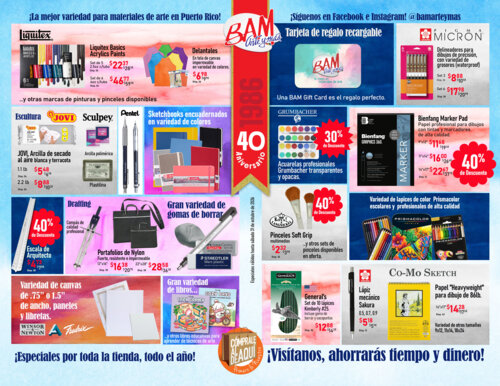 • Servicio de "pick-up" disponible y envíos por correo de paquetes limitados por el tamaño
Instrucciones para hacer las órdenes a BAM, Arte y más:
• Órdenes deberán ser enviadas a bamarteymas@aol.com si la orden es para la tienda de Bayamón y si es para la tienda de Carolina: usar arteymas@aol.com. De no ser posible lla
