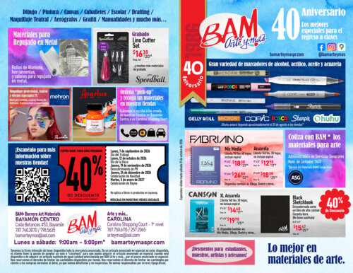 • Servicio de "pick-up" disponible y envíos por correo de paquetes limitados por el tamaño
Instrucciones para hacer las órdenes a BAM, Arte y más:
• Órdenes deberán ser enviadas a bamarteymas@aol.com si la orden es para la tienda de Bayamón y si es para la tienda de Carolina: usar arteymas@aol.com. De no ser posible lla