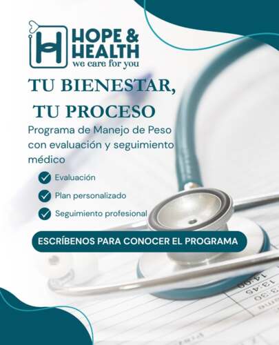                                                                                             • Evaluaciones médicas completas y seguimiento personalizado.
• Certificados de salud para empleo, estudios y trámites oficiales.
• Atención preventiva y manejo de condiciones crónicas.
• Programas médicos personalizados para pérdida o control de peso.
• Orientación nutricional y monitoreo continuo
• Evaluación metabólica para resultados sostenibles.
• Terapias de sueros personalizados para hidratación y energía.
• Protocolos médicos seguros que fortalecen el sistema inmunológico.
• Atención profesional en un entorno cómodo y confiable.
• Tratamientos médicos para pérdida de cabello.
• Aplicaciones de plasma rico en plaquetas (PRP) con fines de regeneración capilar.
• Procedimientos de radiofrecuencia facial no invasivos para tonificar y revitalizar la piel.
• Cuidados estéticos médicos para promover una apariencia saludable y natural.
• Visitas al hogar
                                                                                    